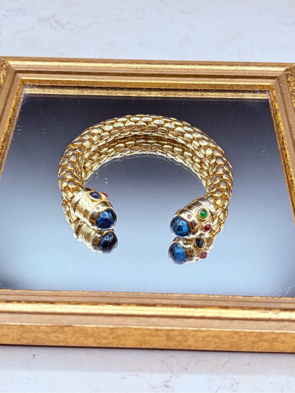 Vintage 1990's Runway Gold Tone Snake Skin Open Cuff Bracelet Cabochon